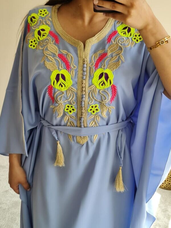 Light blue butterfly kaftan with gold embroidery