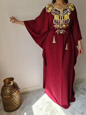 Burgundy butterfly kaftan with gold embroidery
