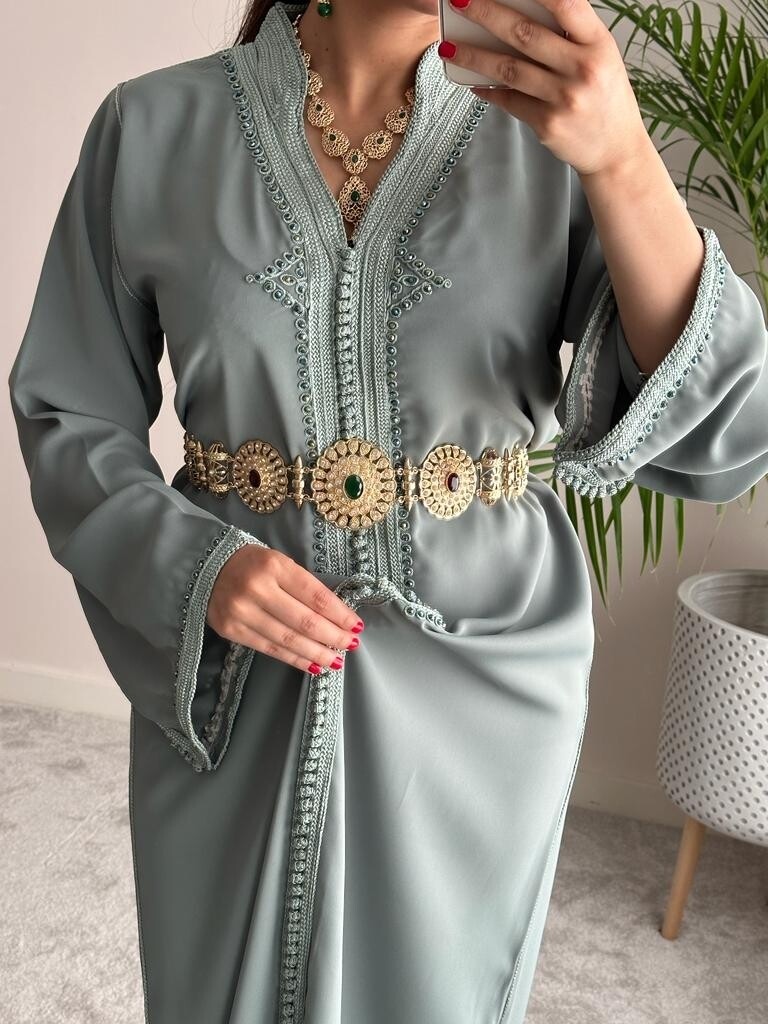 Sage Green kaftan with matching crystals and embroidery