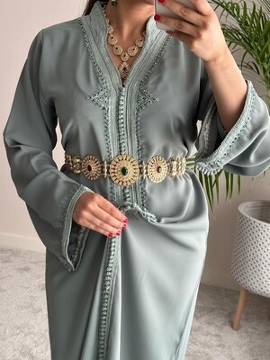 Sage Green kaftan with matching crystals and embroidery