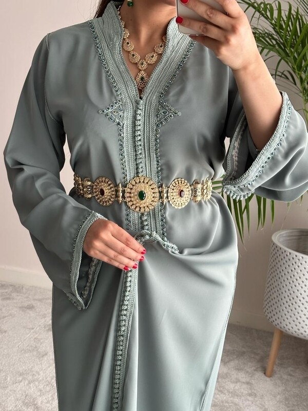Sage Green kaftan with matching crystals and embroidery