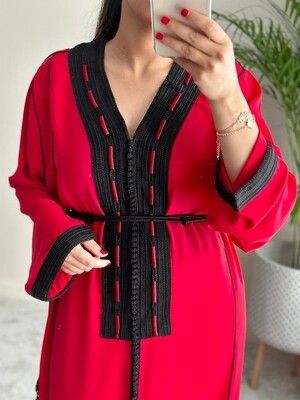 Red kaftan with decorative embroidery in black