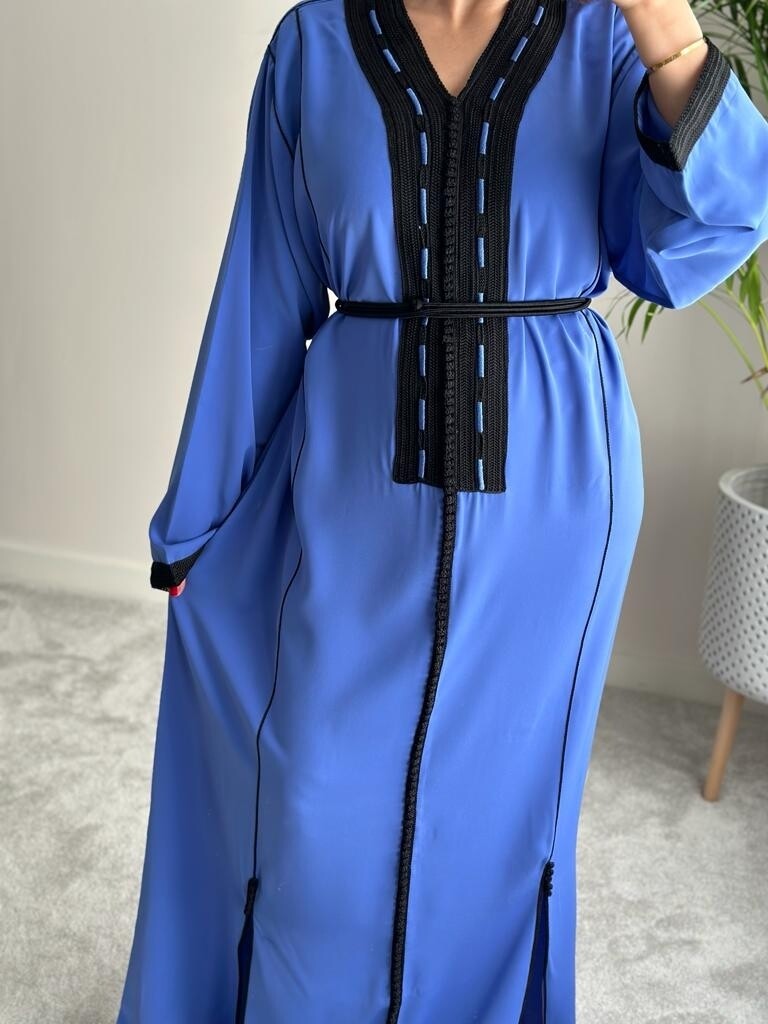 Royal Blue kaftan with decorative embroidery in black