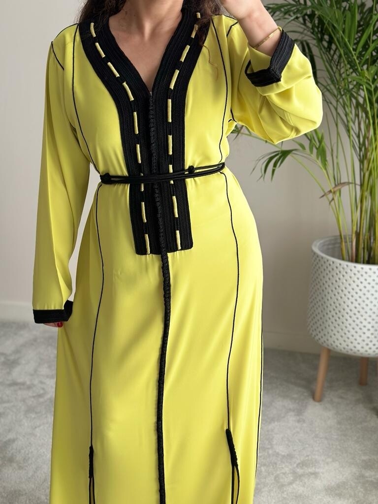 Lime Yellow kaftan with decorative embroidery in black