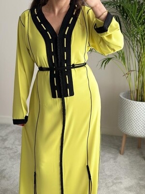 Lime Yellow kaftan with decorative embroidery in black