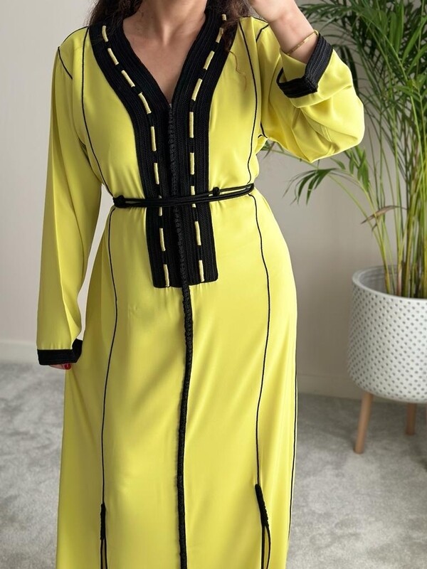 Lime Yellow kaftan with decorative embroidery in black