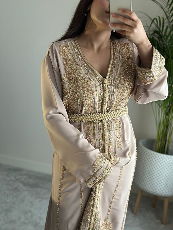 Nude Kaftan with Gold detailing and belt