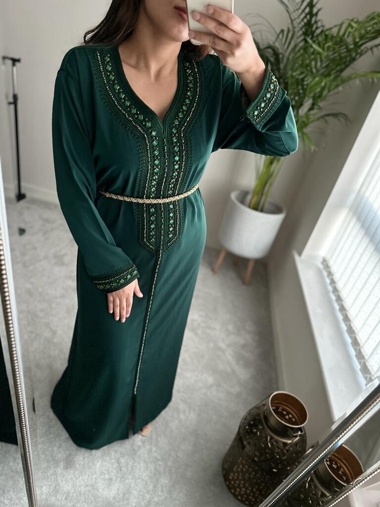 Henna Green Kaftan with matching crystals and gold detailing
