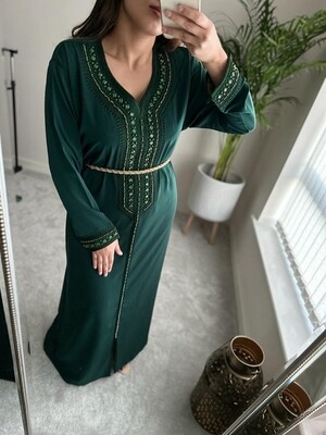 Henna Green Kaftan with matching crystals and gold detailing
