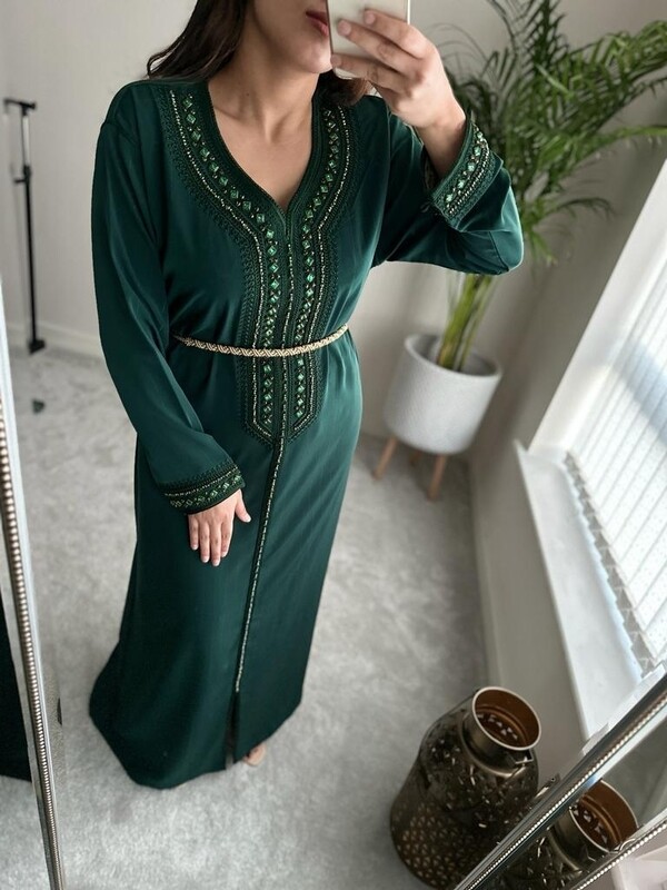 Henna Green Kaftan with matching crystals and gold detailing