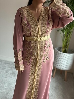 Kaftan Nakhwa in Rose Nude with gold belt and colourful embellishment