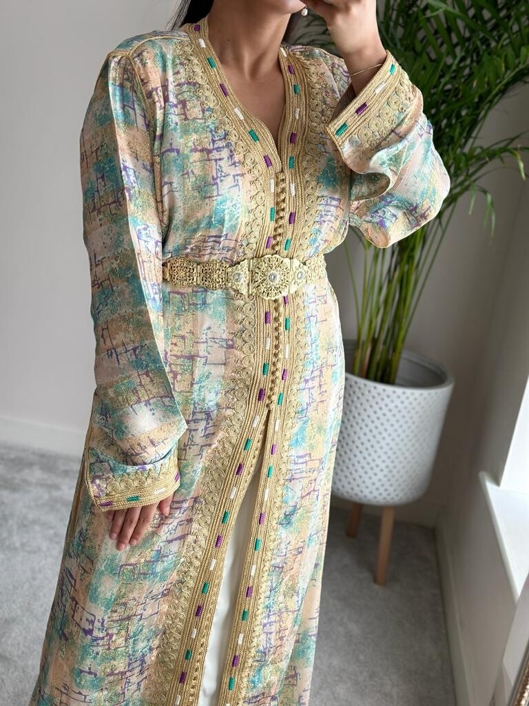 Takchita EL Hama in Turquoise multicolour with Gold embroidery