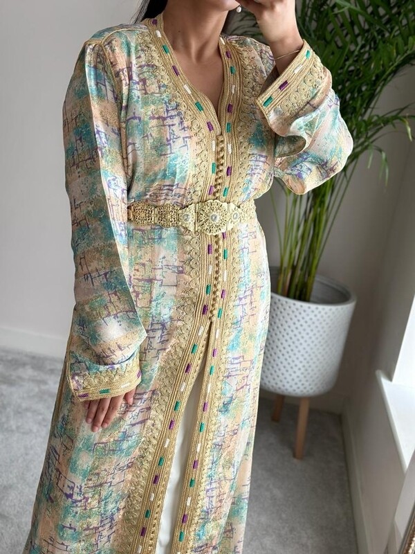 Takchita EL Hama in Turquoise multicolour with Gold embroidery