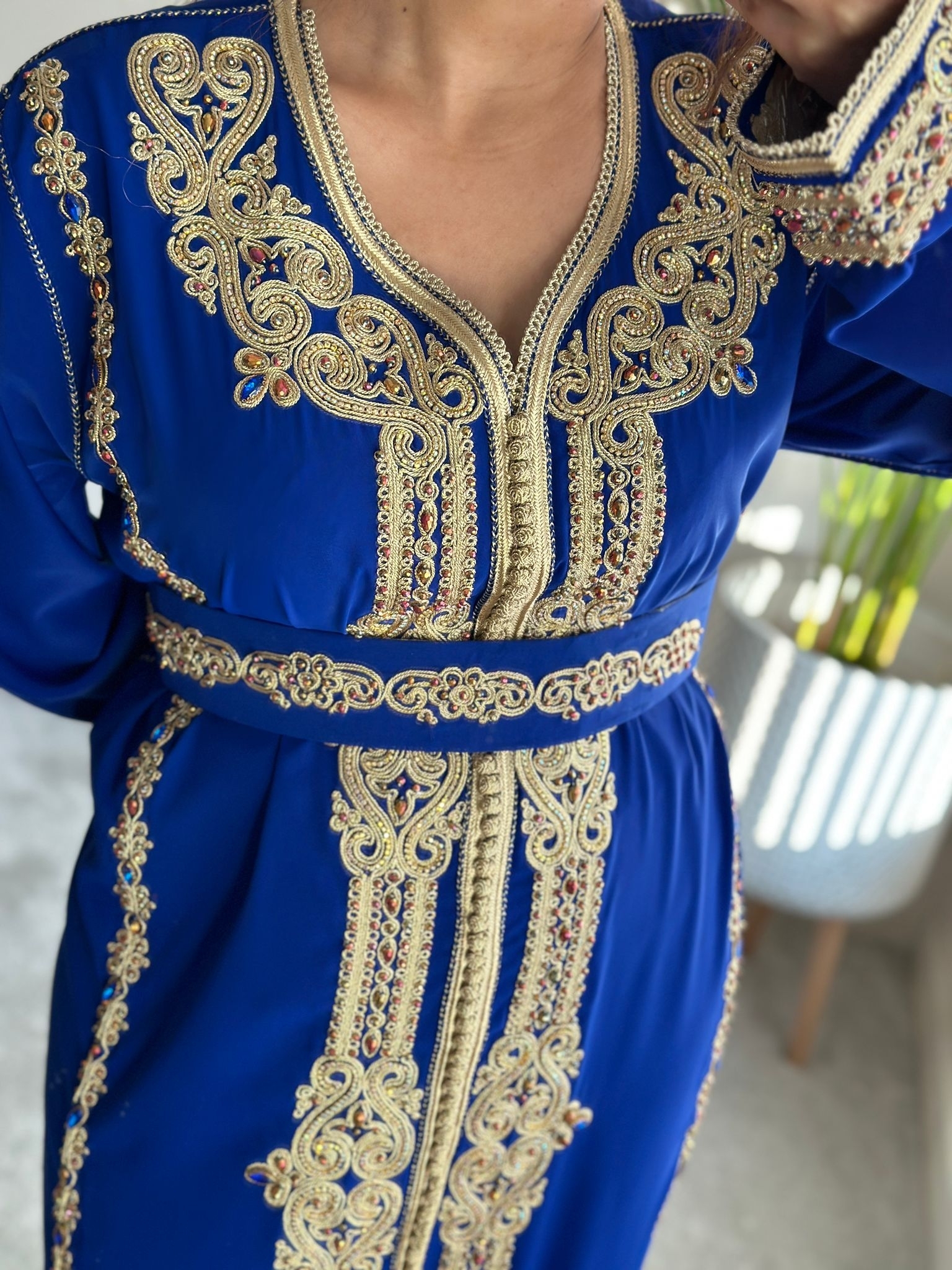 Kaftan Royal in Blue with Gold embroidery colourful rhinestones