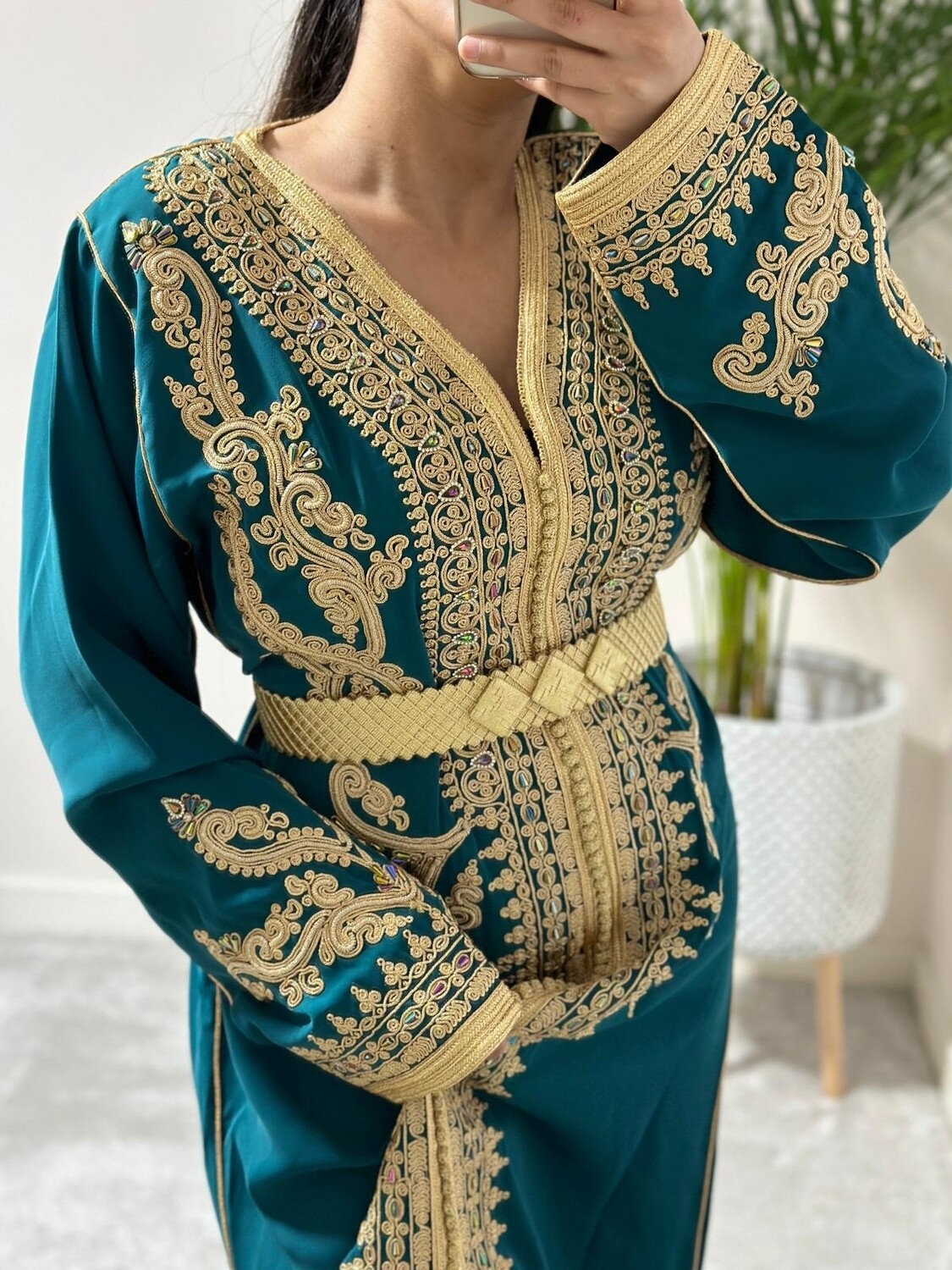 Kaftan Nakhwa in Teal with gold belt and colourful embellishment