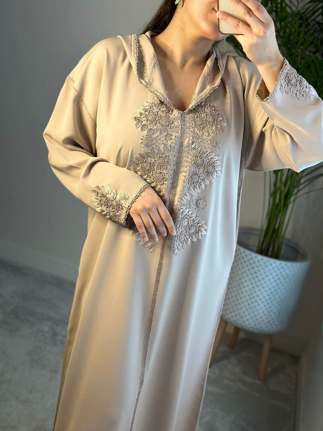 Moroccan Jellaba in Beige Hand-stitched