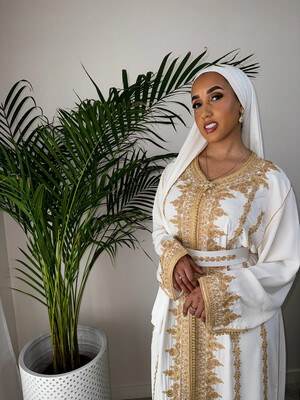 White Bridal Kaftan With gold Embroidery and Matching Belt