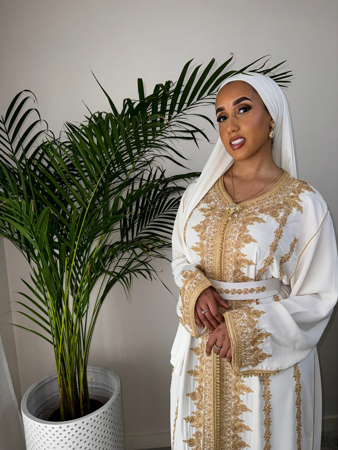 White Bridal Kaftan With gold Embroidery and Matching Belt