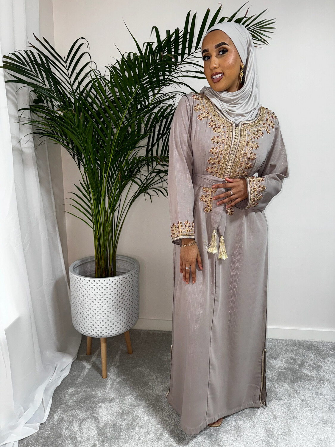 Kaftan Ramadan Half Embroidered With Matching Crepe Fabric Belt