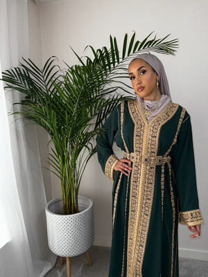 Bridal Kaftan For Henna/Mehndi in Green Full Embroidered Front/back
