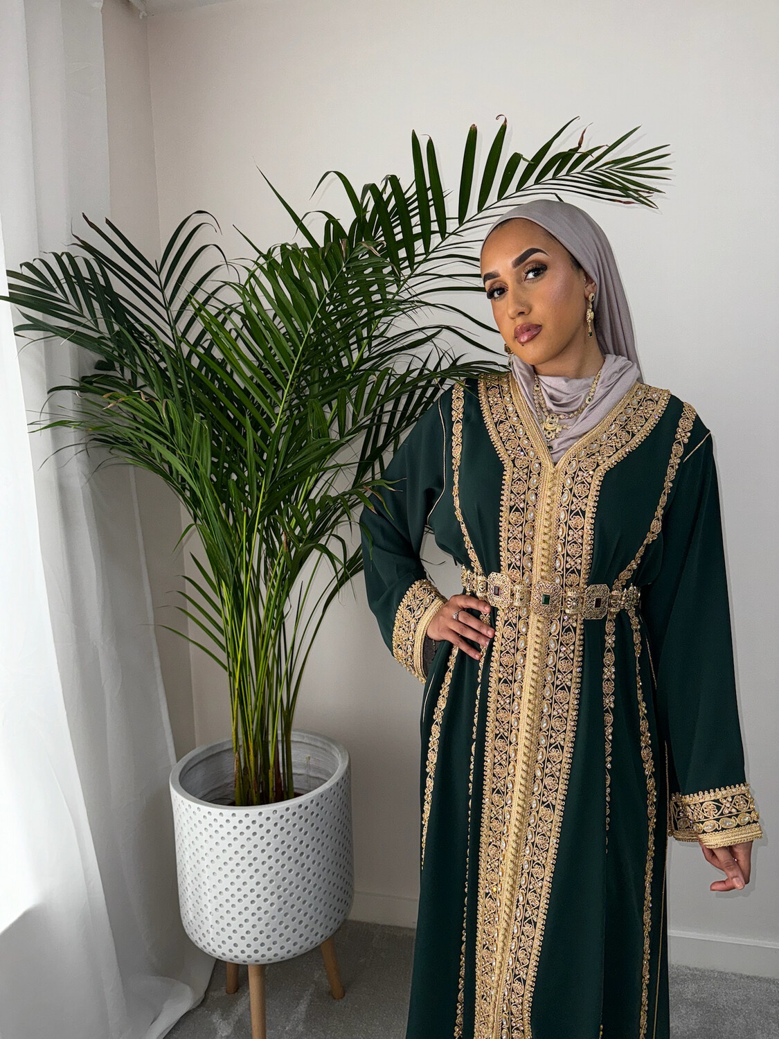 Bridal Kaftan For Henna/Mehndi in Green Full Embroidered Front/back