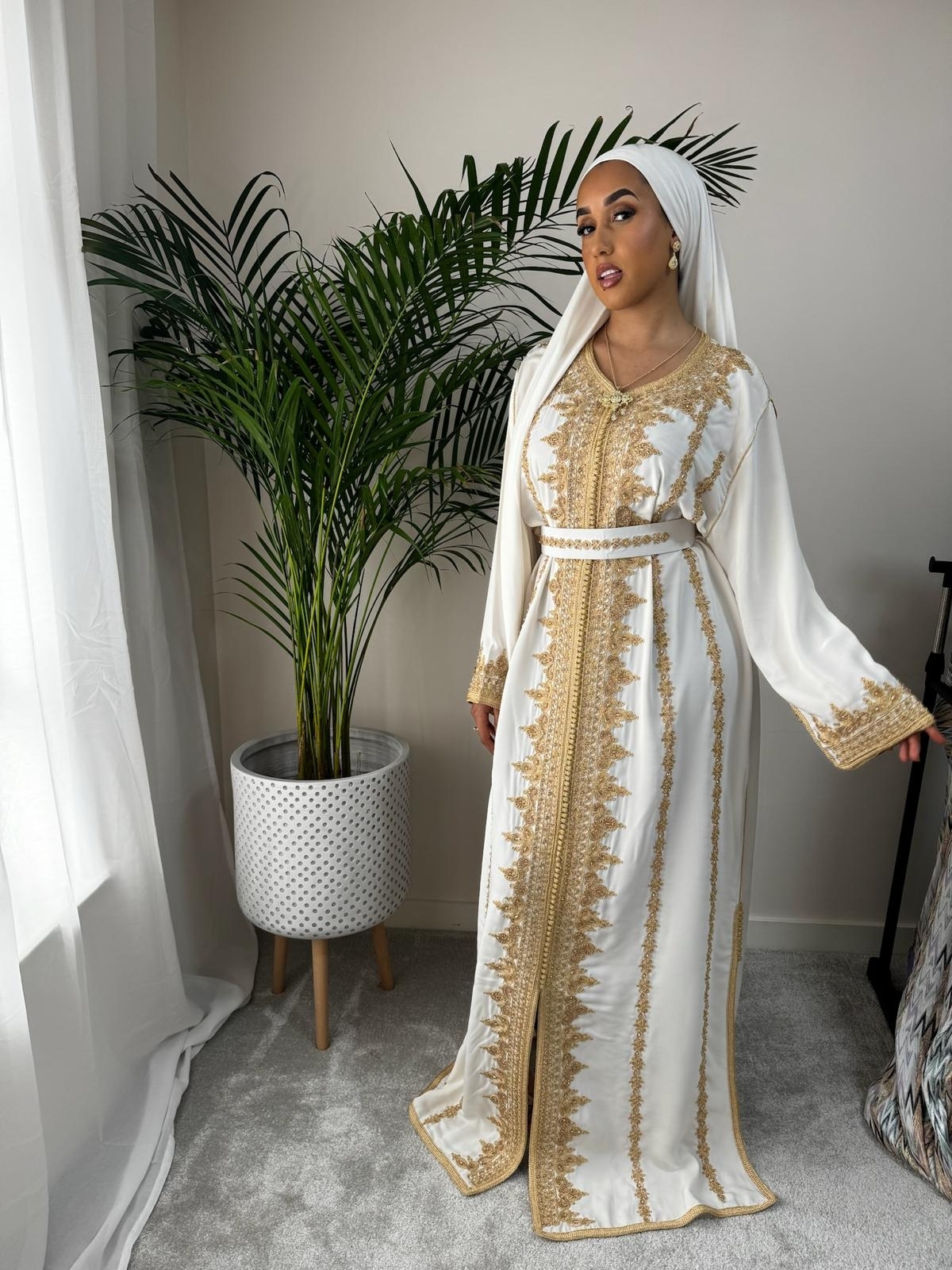 White Bridal Kaftan With gold Embroidery and Matching Belt