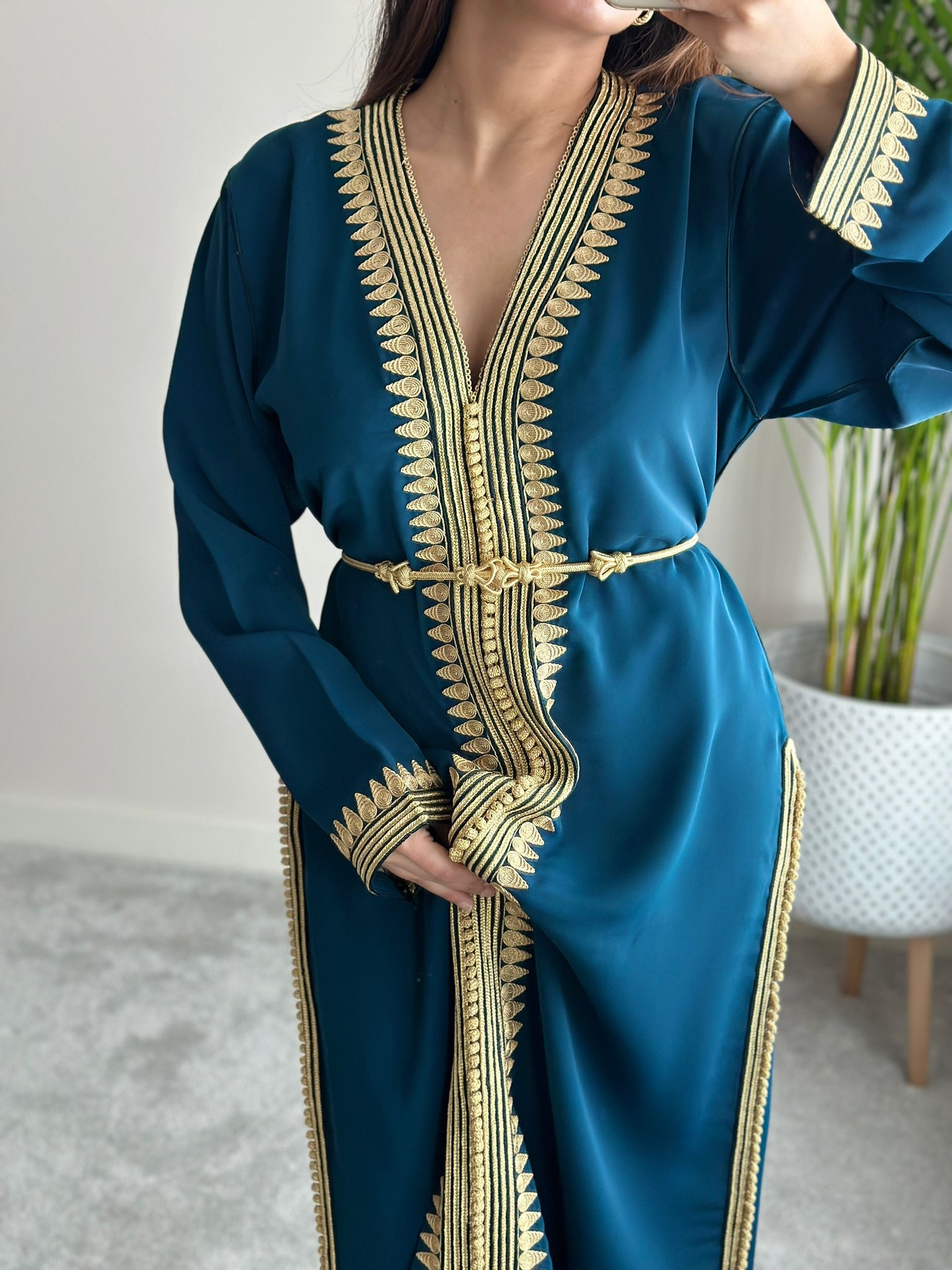 Kaftan El Hiba with Gold embroidery available in Teal