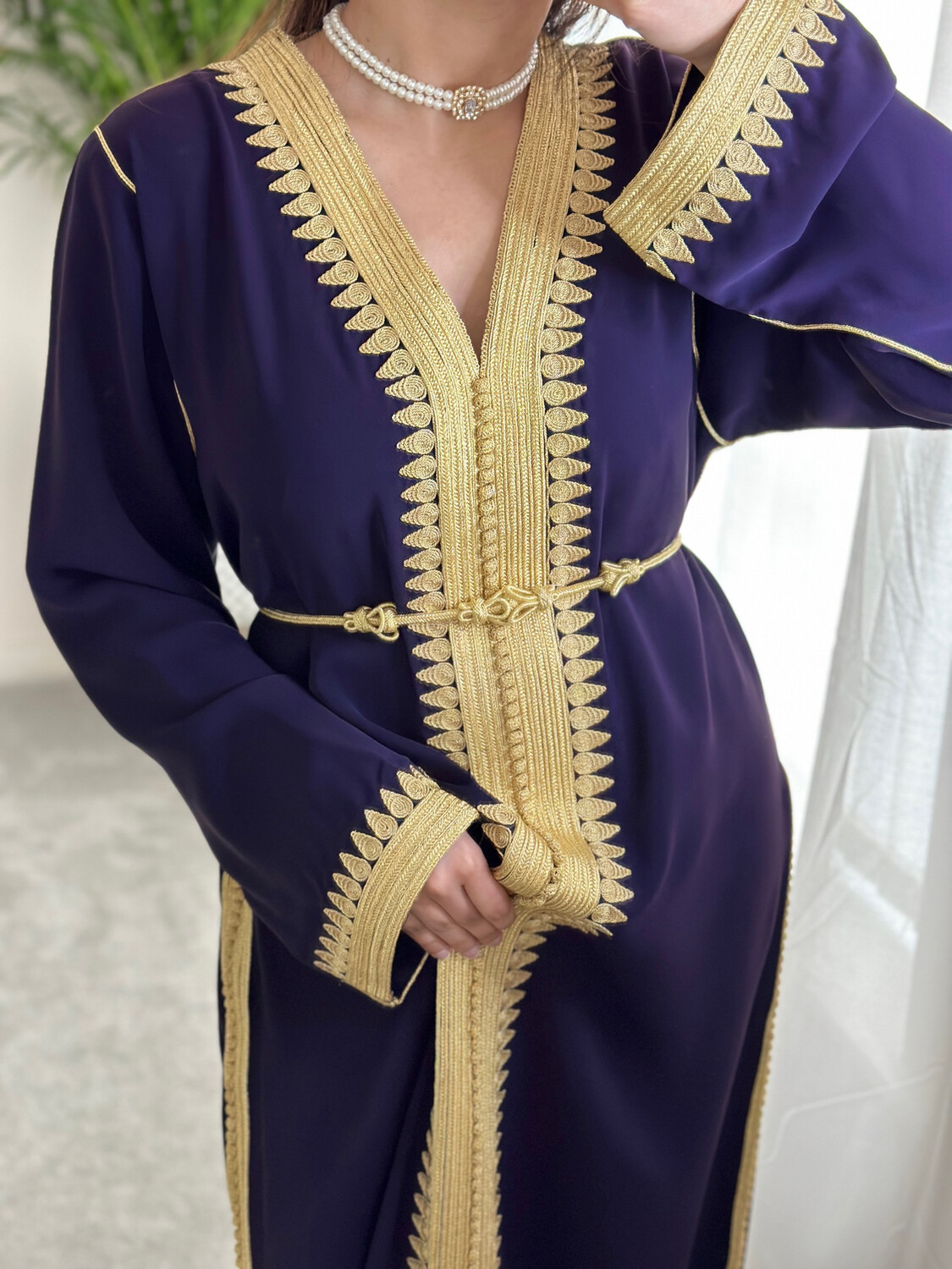 Kaftan El Hiba with Gold embroidery available in Dark Purple