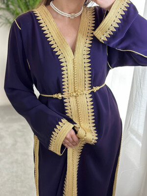 Kaftan El Hiba with Gold embroidery available in Dark Purple