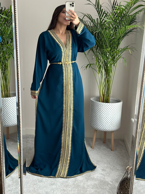 Kaftan El Hiba with Gold embroidery available in Teal