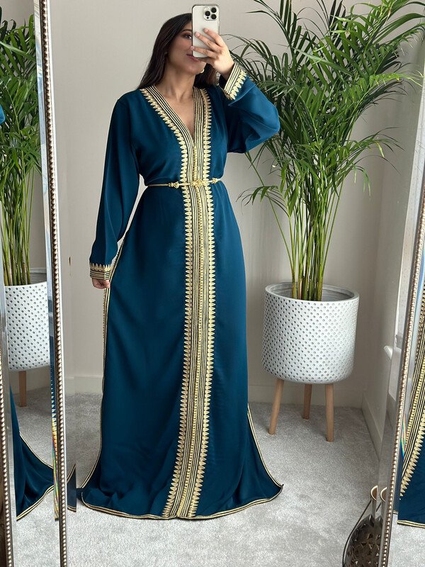 Kaftan El Hiba with Gold embroidery available in Teal