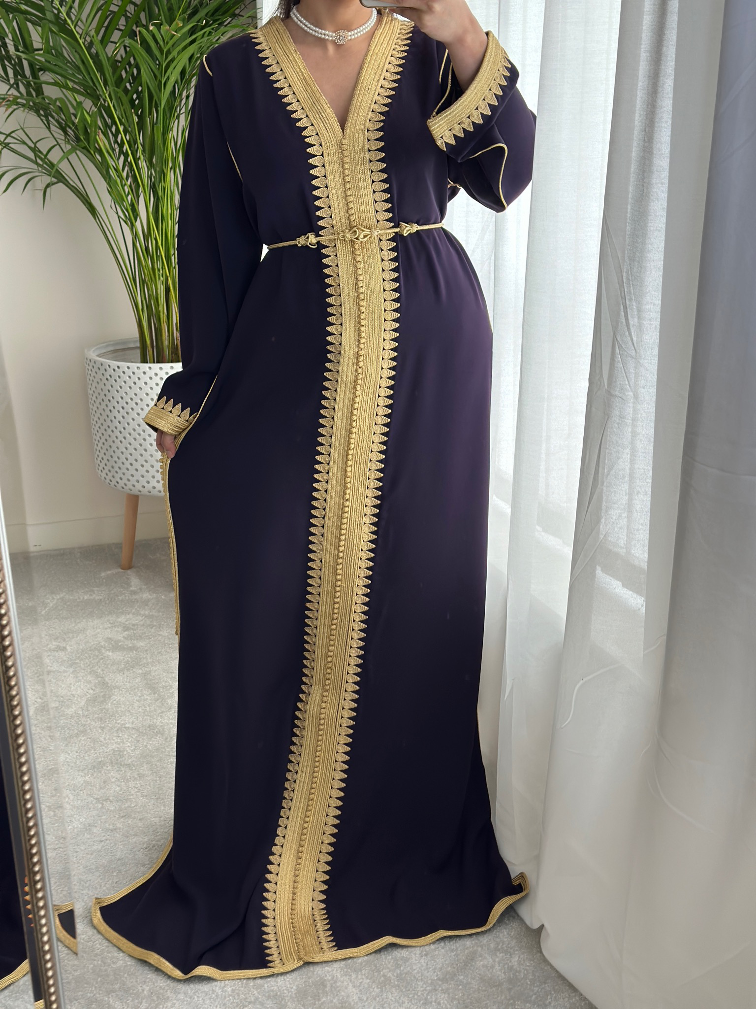 Kaftan El Hiba with Gold embroidery available in Dark Purple