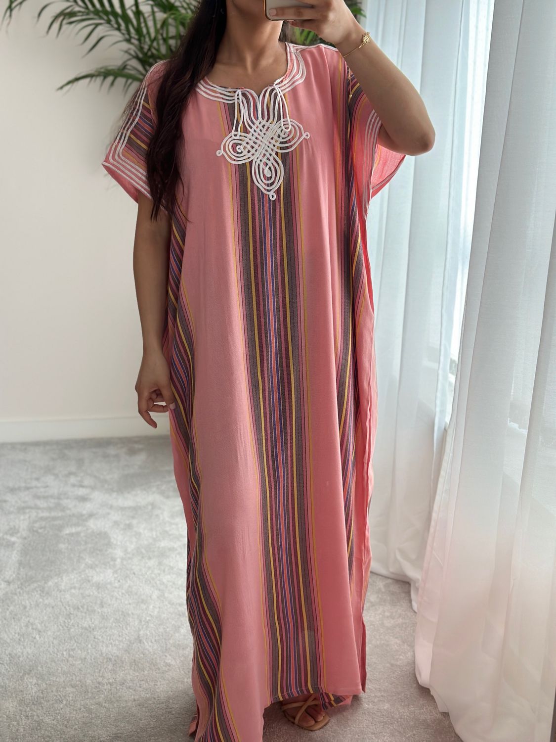 Moroccan Caftan – Handmade Lightweight Cotton With Gold Embroidery, Magenta, Fits Small To Medium (Bust 44", Length 55") - View #9