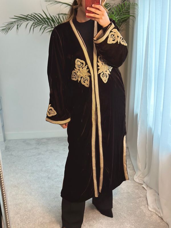 Moroccan Kimono In Brown with Gold embroidery