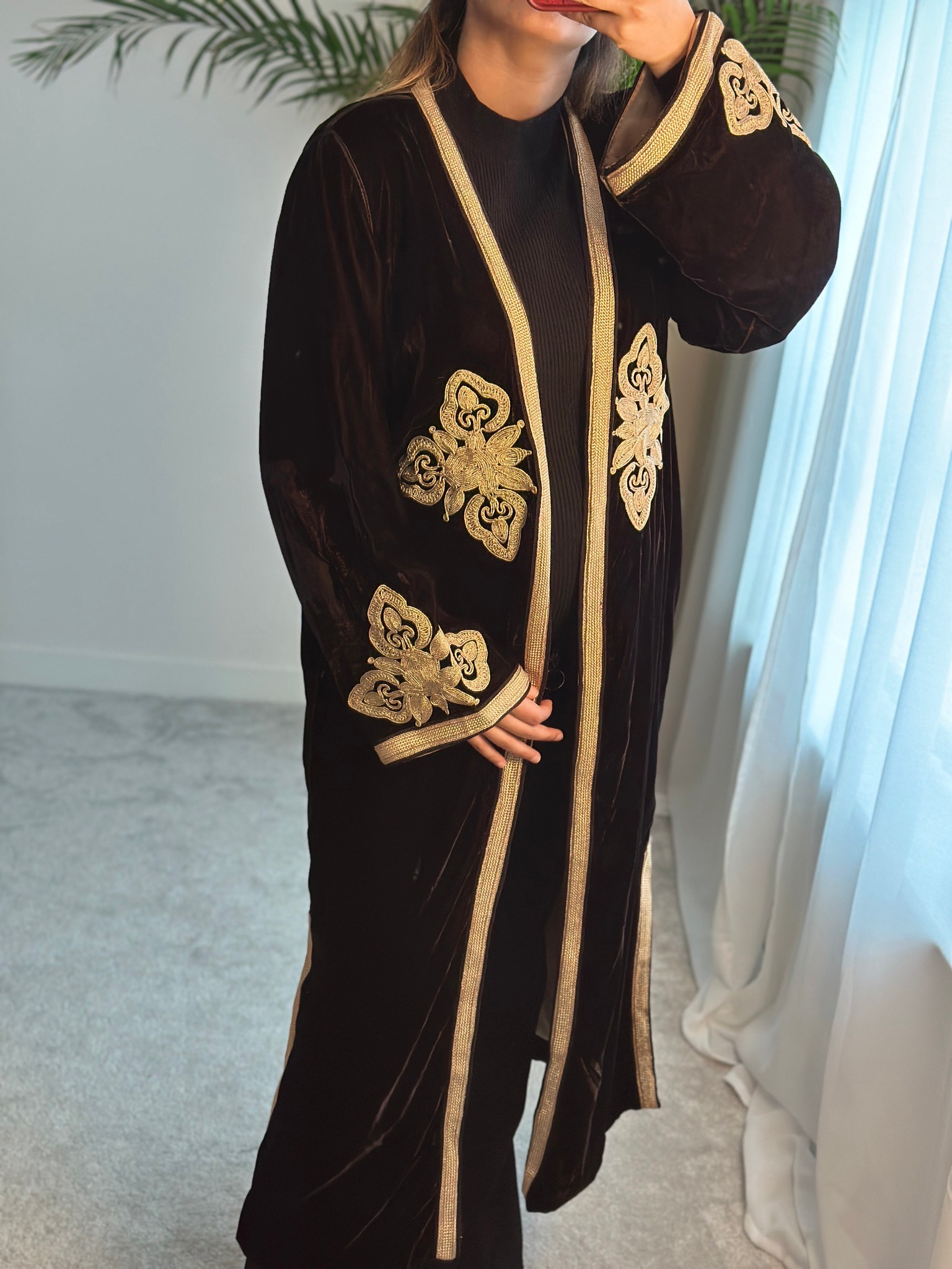 Moroccan Kimono In Brown with Gold embroidery