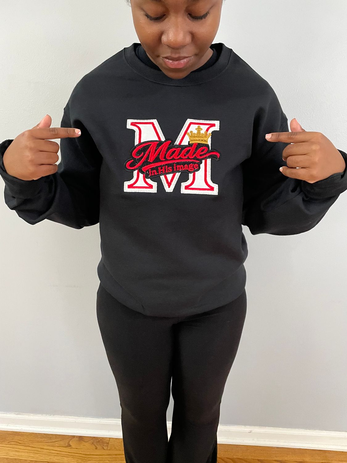 Made in His Image Embroidered Sweatshirt – Black with Gold Accents – Unisex