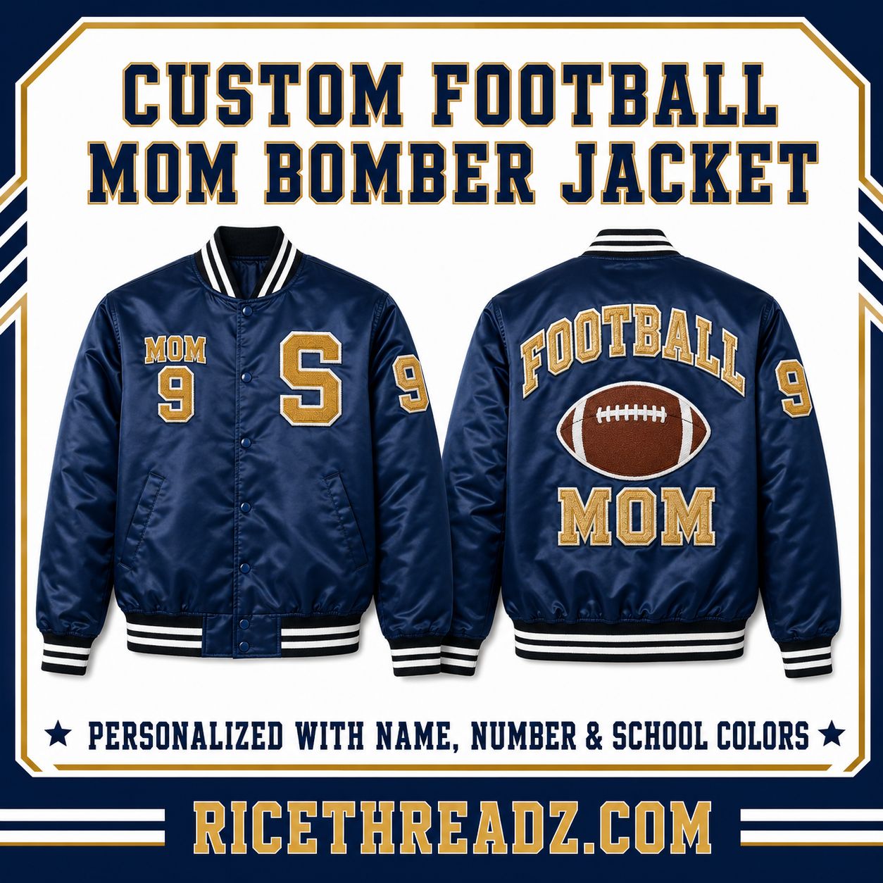Personalized Football Mom Bomber Jacket – Custom School Colors, Name &amp; Player Number