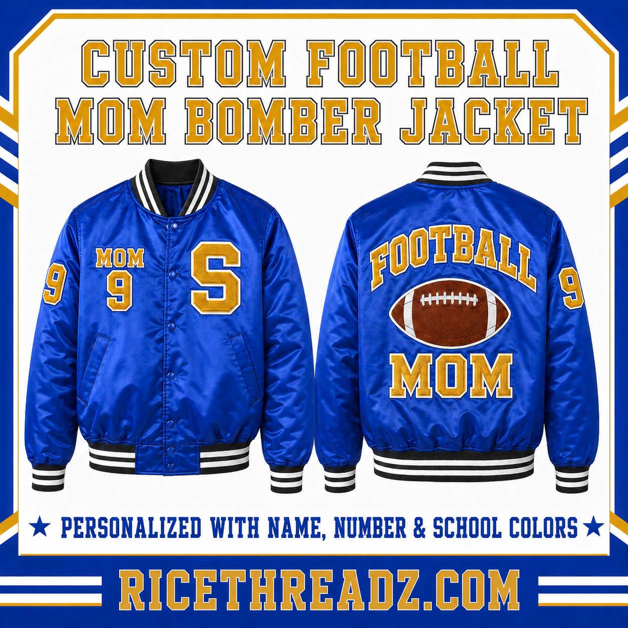 Personalized Football Mom Bomber Jacket – Custom School Colors, Name &amp; Player Number