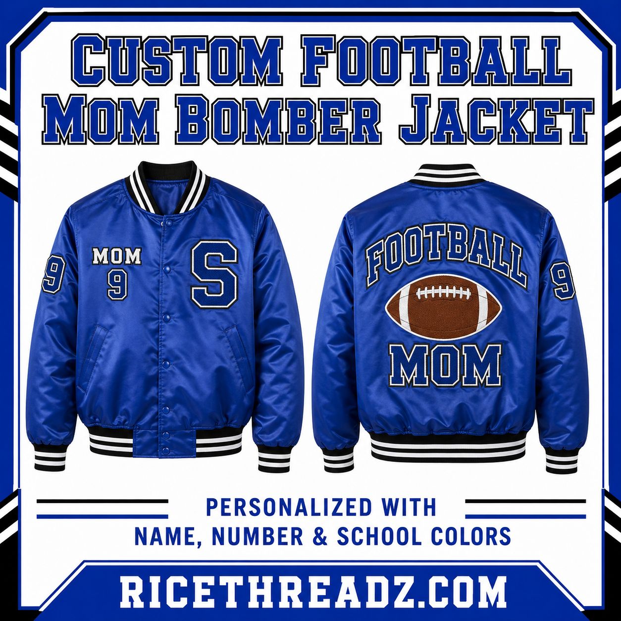 Personalized Football Mom Bomber Jacket – Custom School Colors, Name &amp; Player Number