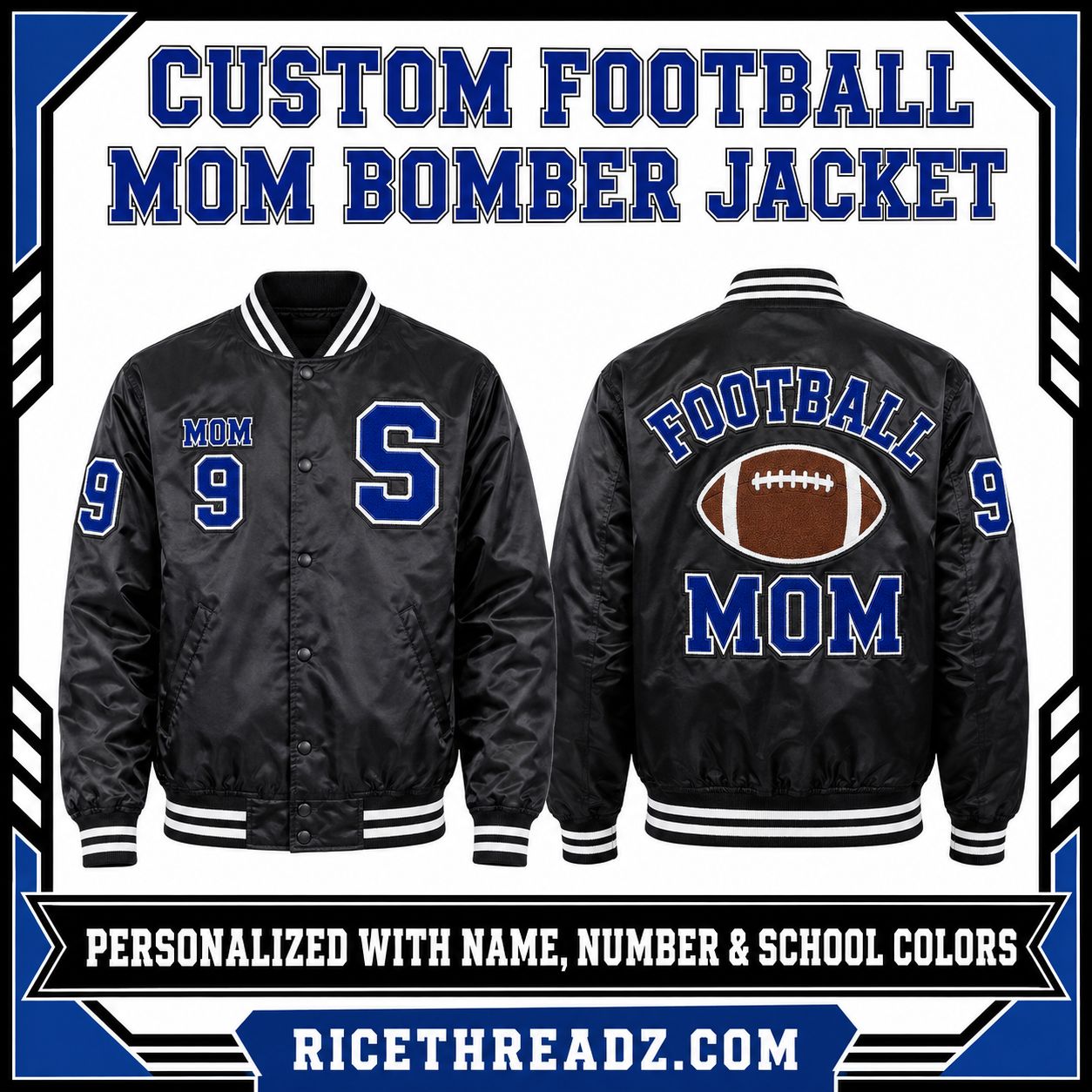 Personalized Football Mom Bomber Jacket – Custom School Colors, Name &amp; Player Number