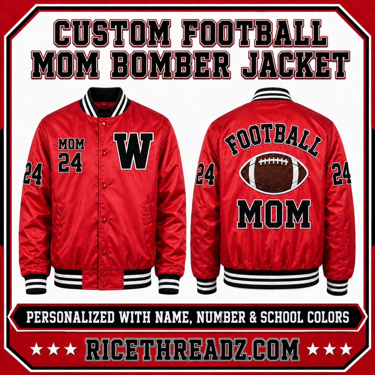 Personalized Football Mom Bomber Jacket – Custom School Colors, Name &amp; Player Number