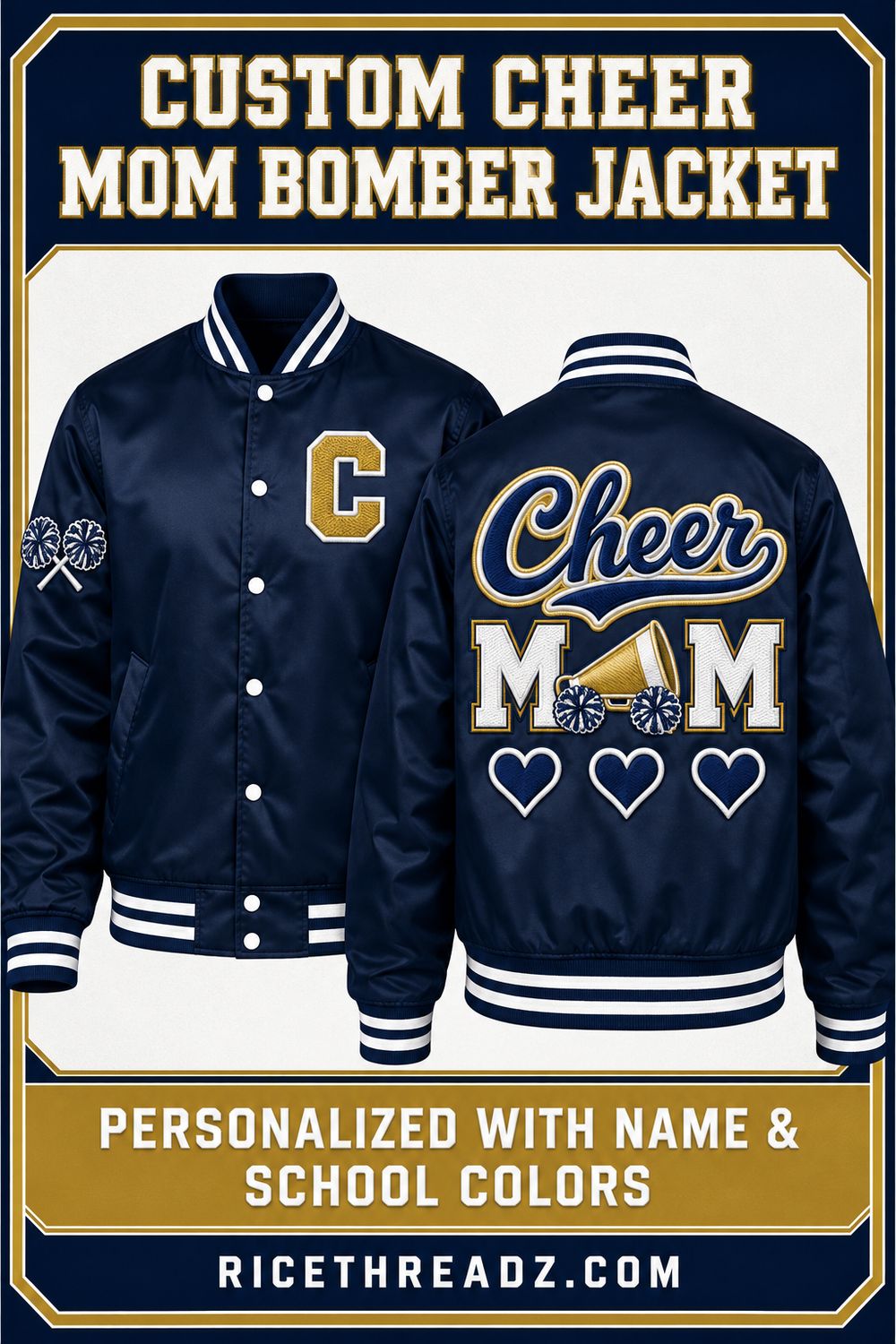 Custom Cheer Mom Bomber Jacket – Personalized Twill Appliqué &amp; Embroidery