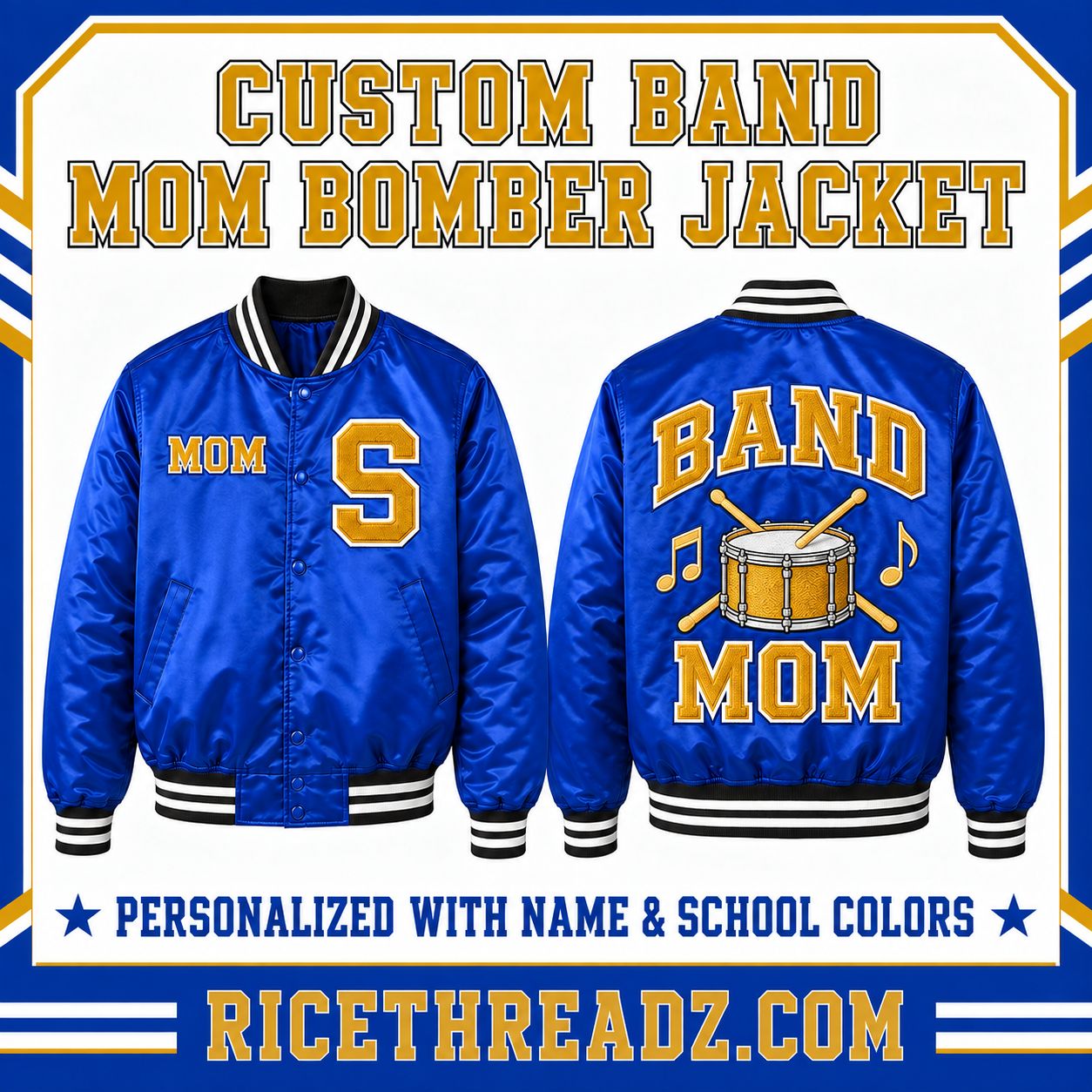 Personalized Band Mom Bomber Jacket – Custom School Colors, Name &amp; Player Number