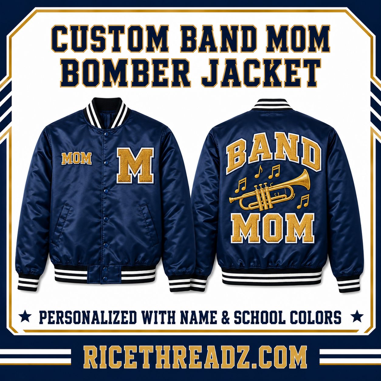 Personalized Band Mom Bomber Jacket – Custom School Colors, Name &amp; Player Number