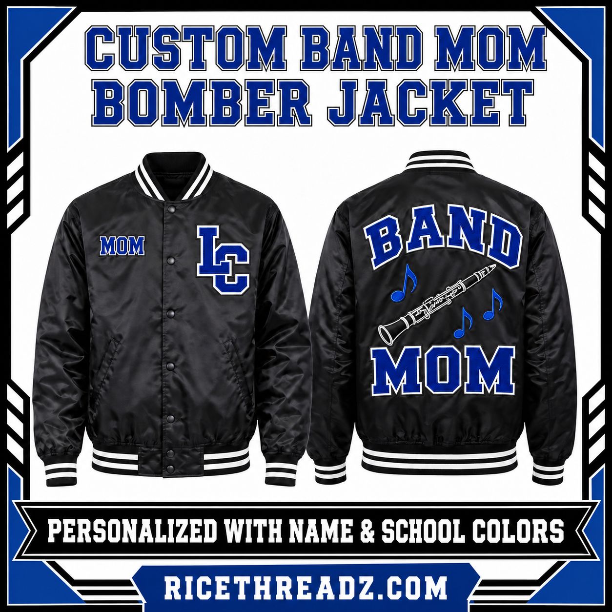 Personalized Band Mom Bomber Jacket – Custom School Colors, Name &amp; Player Number