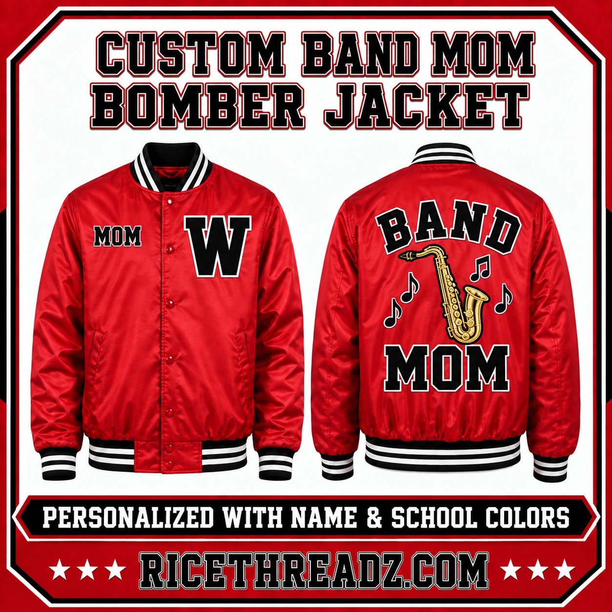 Personalized Band Mom Bomber Jacket – Custom School Colors, Name &amp; Player Number