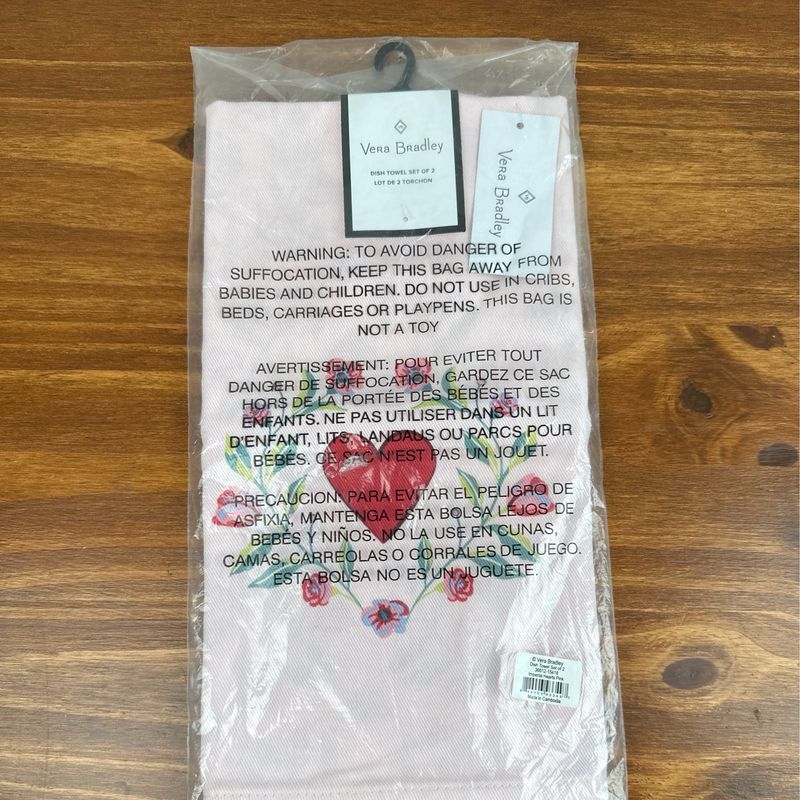 Vera Bradley Imperial Hearts Pink Set Of 2 Dish Towels - New