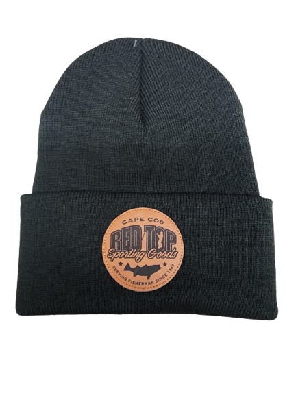 Red Top Leather Patch Beanie Black