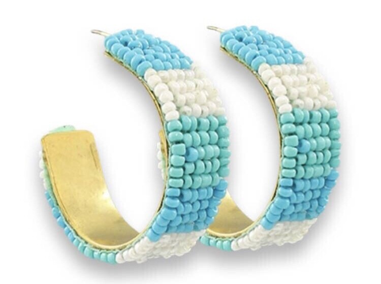 Blue Color Block Beaded Hoop