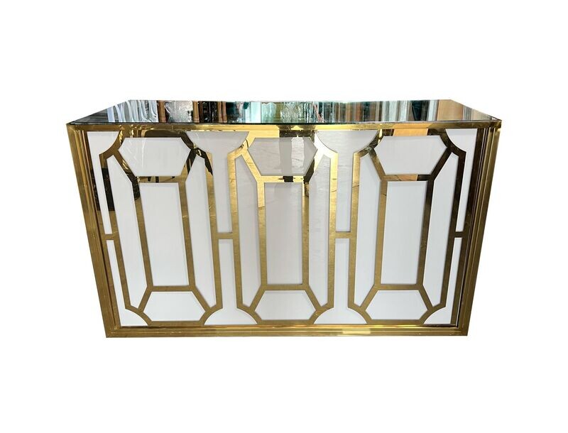 6ft Gold Geo Design Bar w/White PlexiGlass Background and Mirror Top